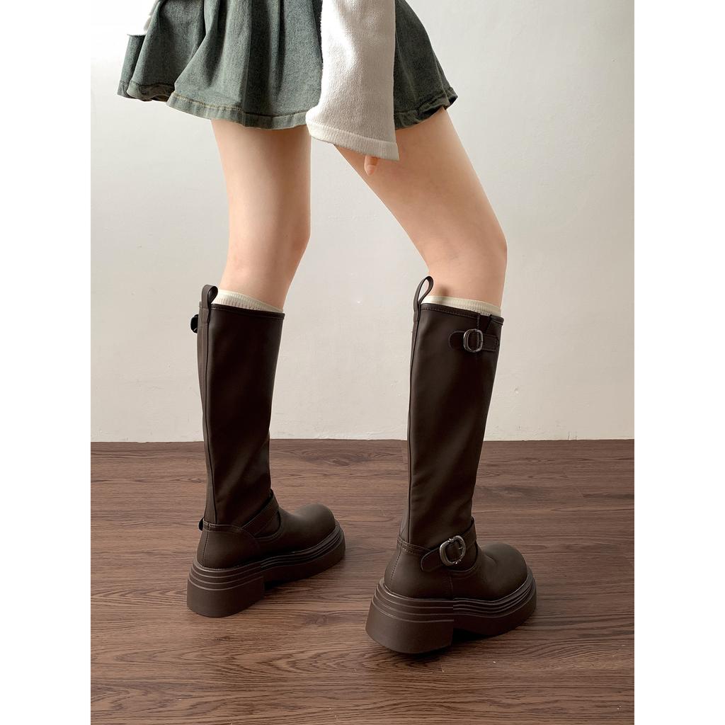 Brown British style but knee thick heel platform boots women's 2025 new autumn thin retro knight boots