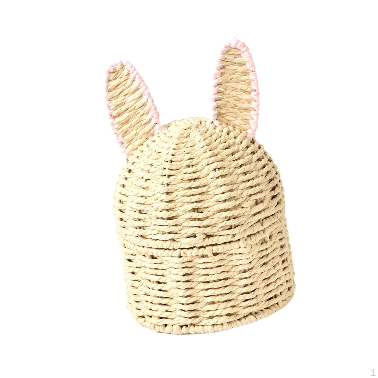 Handwoven Storage Basket Cartoon for Kids Ornament Bin Creative Lidded Toy Box Paper Rope Pink Ear