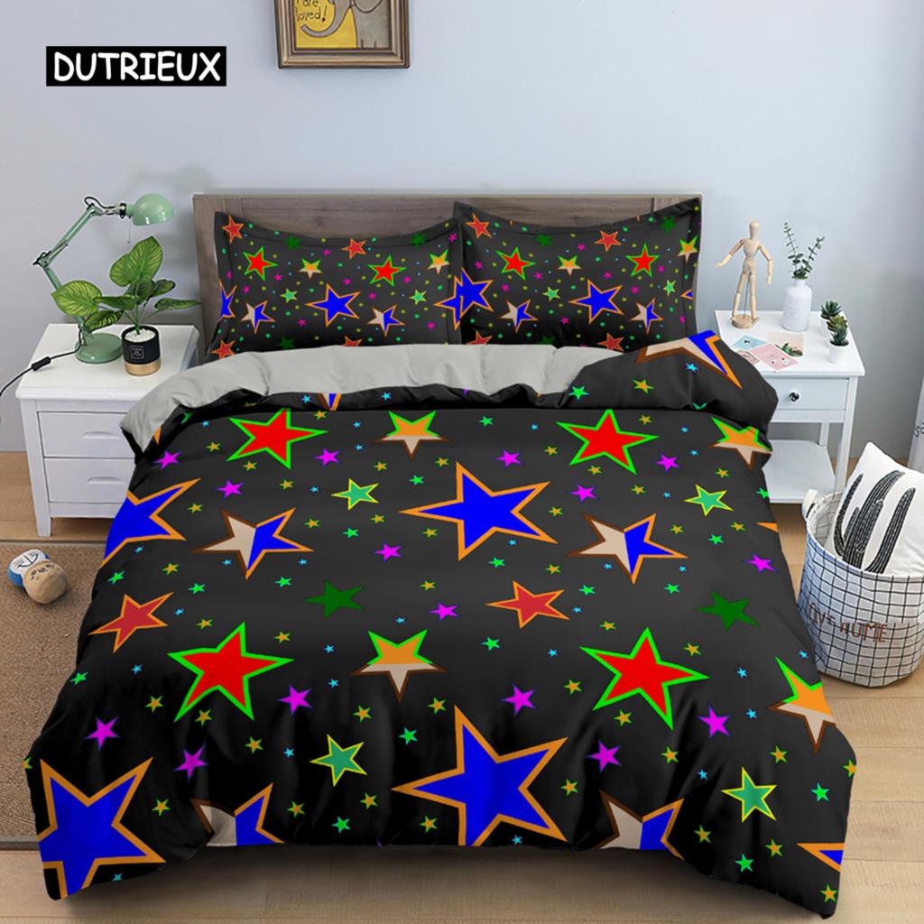Colorful Stars Duvet Cover Set Microfiber Yellow Pink Stars Soft Bedding Set Single King Queen Twin Size 2/3pcs Comforter Cover