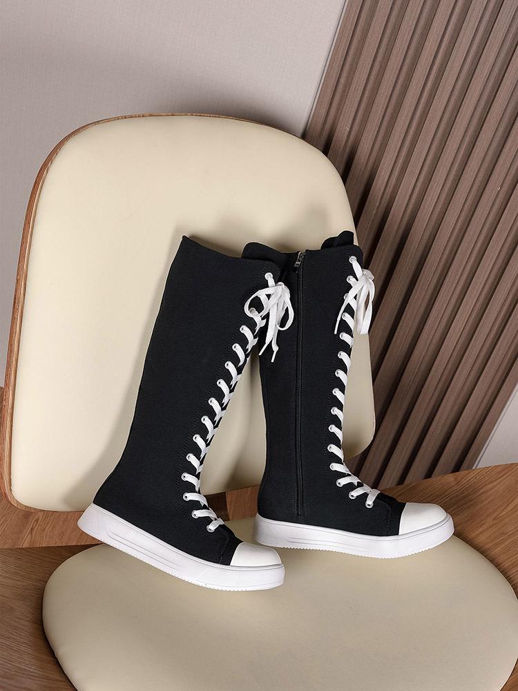 Chaussures montantes en toile pour femmes grandes tailles, bottes montantes à lacets avec fermeture éclair latérale – Collection Printemps 2025.