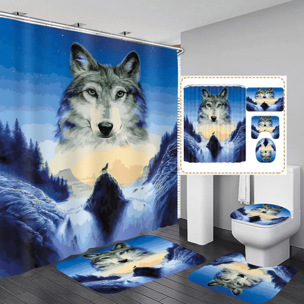 Mystery Wolf Animal Printed Shower Curtain Set With Bath Mat Anti-Slip Toilet Lid Cover Bathroom Set Carpet Home Decoration