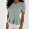 European French Style Pearl Embellished Knit Top - Short-Sleeved, Soft, Waist-Cinching, Ruffled, Plush Women's Top