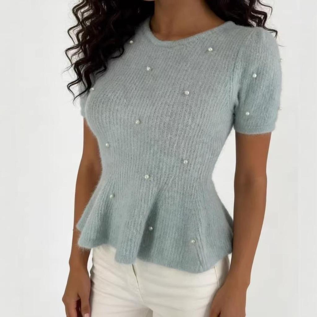 European French Style Pearl Embellished Knit Top - Short-Sleeved, Soft, Waist-Cinching, Ruffled, Plush Women's Top