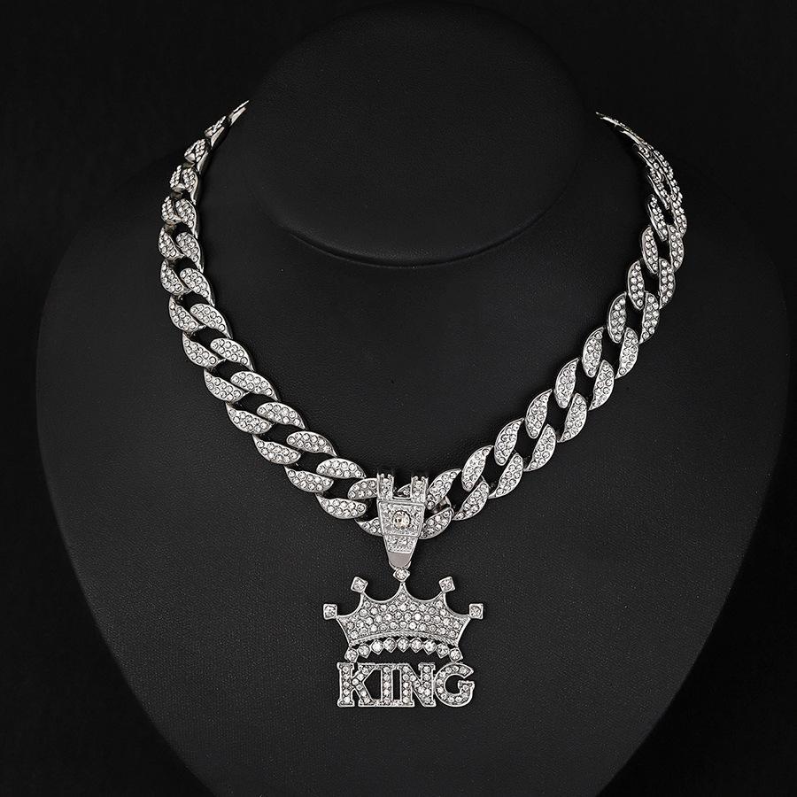 Hip Hop Letter KING Pendant Necklace for Men, Street Cuban Chain Decoration, Personalized Alloy Full Diamond Crown Pendant Necklace