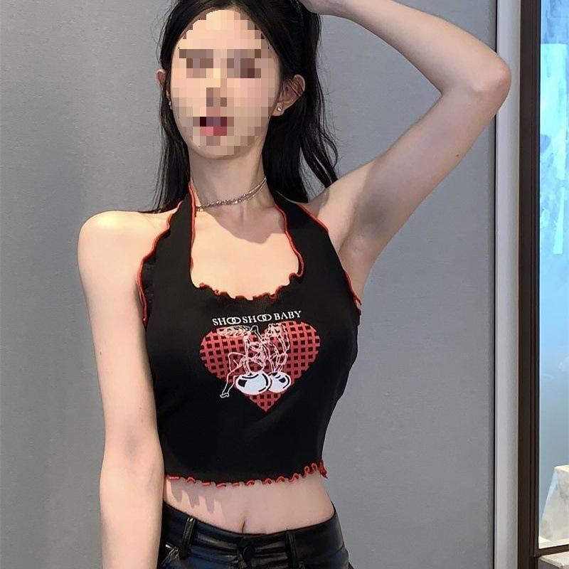 Contrast color pure desire Spice girl hanging neck sweet love printing curled edge sexy short navel sleeveless vest tight top women