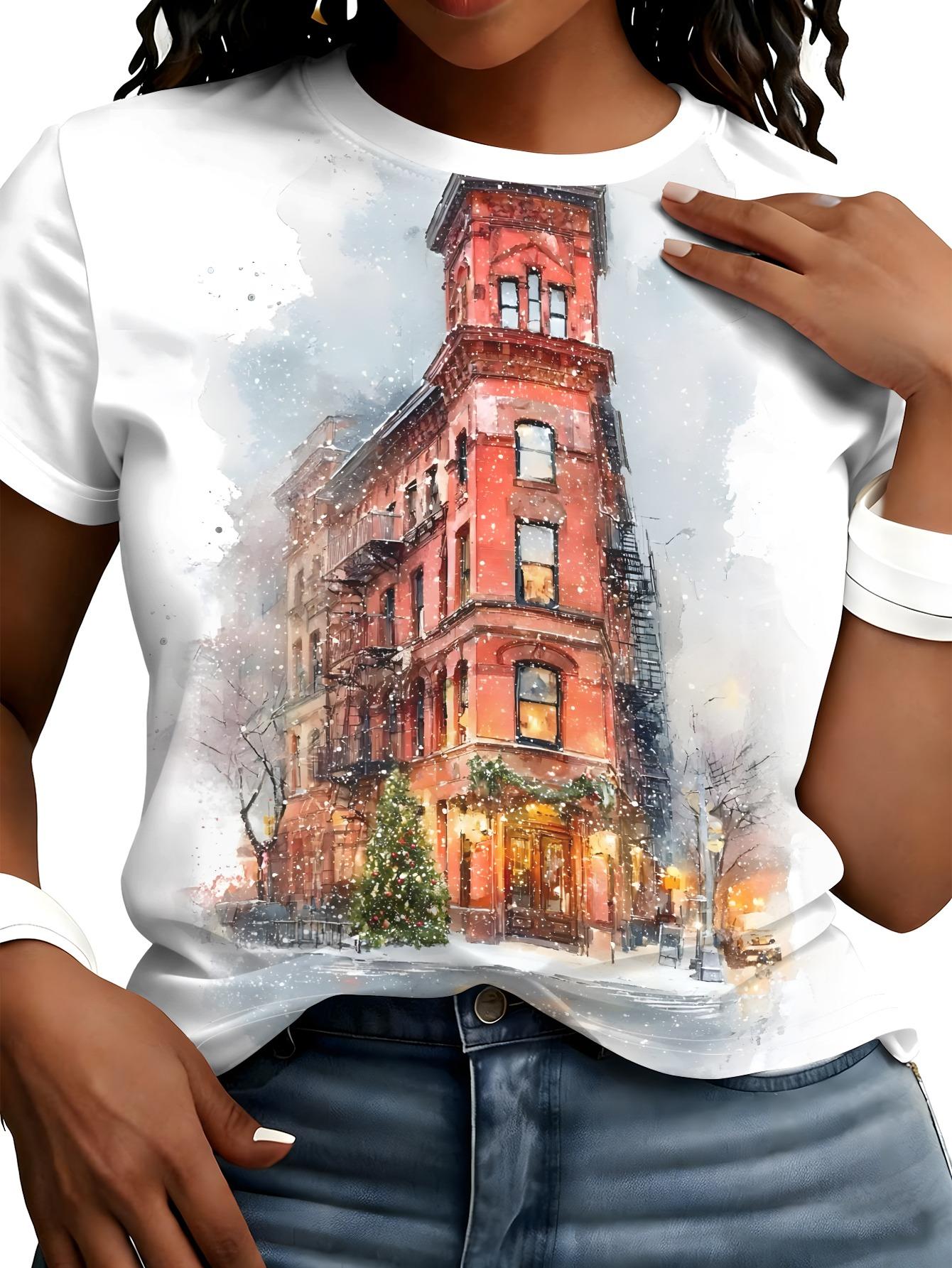 

Winter Red House Snow Scene Print T-Shirt. Christmas Style Artistic Short-Sleeve Top. Women s Short-Sleeve T-Shirt. Fashionable Item. a Beautiful and S дубильная кора