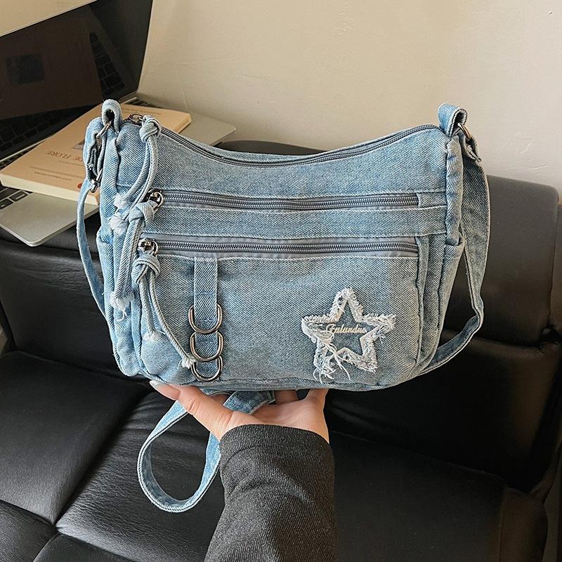 Denim Bag Multi-zipper Retro Crossbody Bag Middle-aged Mother Bag