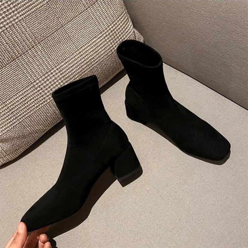 Coarse Heel Short Boots Women's 2025 New Black Suede Medium Boots Medium Heel Versatile Square Socks Boots Elastic Thin Boots