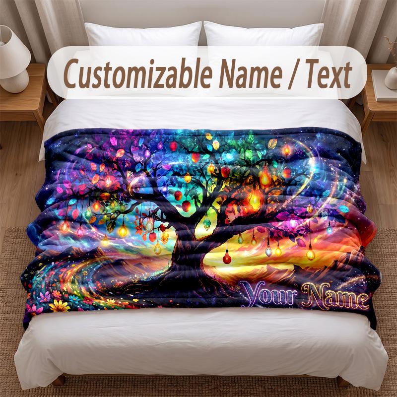 Tree of Life Theme Soft Blanket Personalized Custom Name Text Print Warm Blanket Home Sofa Bedroom Decor