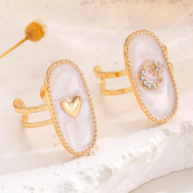 White Enamel Open Ring Women Geometric Oval Cross Star Moon Heart Adjustable Gold color Ring Exquisite Fashion Hand Jewelry Gift