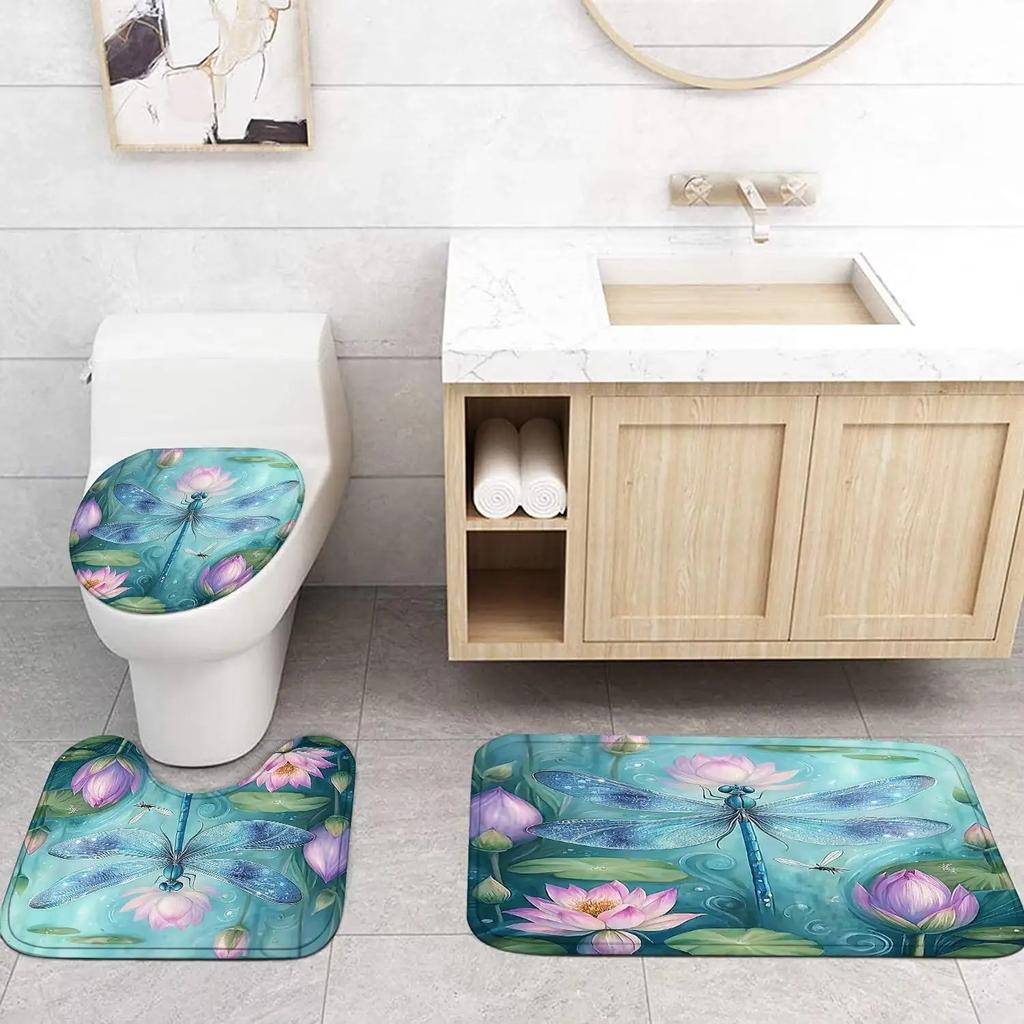 4Pc Dragonfly Shower Curtain Sets with Non-Slip Rug,Toilet Lid Cover and Bath Mat,Pink Lianhua Shower Curtain Sets with 12 Hooks