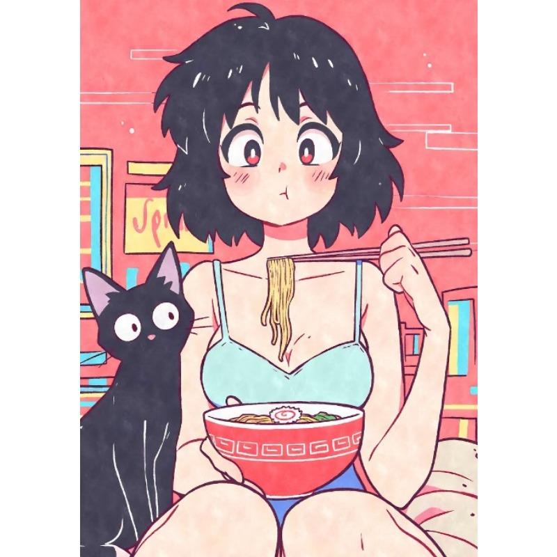 Cat Ear Anime Girl Eating Ramen Poster Aesthetic Anime Ramen Art Prints Japanese Style Cartoon Decor Sexy Girl Canvas Painting