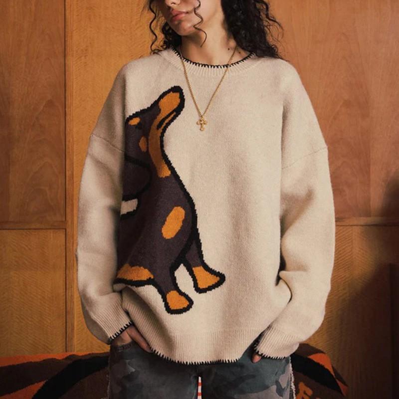 Knitted Sweater With Cartoon Dog Jacquard Unisex Loose Fit Crew Neck Pullover Fall 2027
