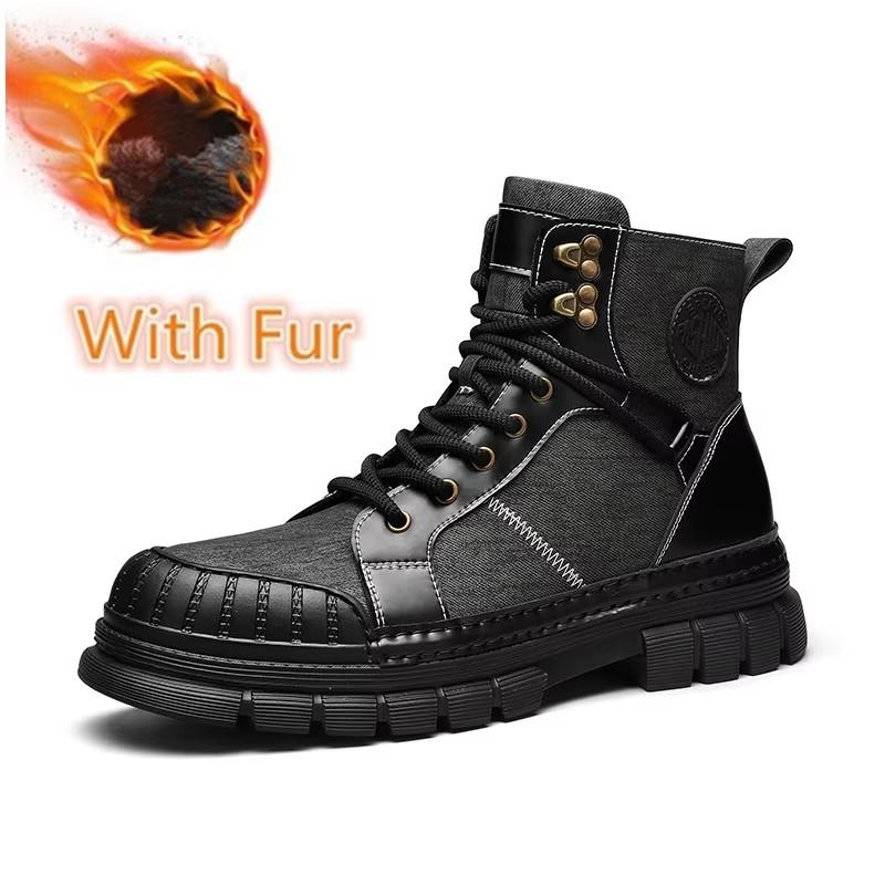 Fashion Fashion Motocross Ankle Boots for Men Winter Boots Lace-Up Botas Men's Leather High Top Outdoor Shoes Men's Plush Snow Boots