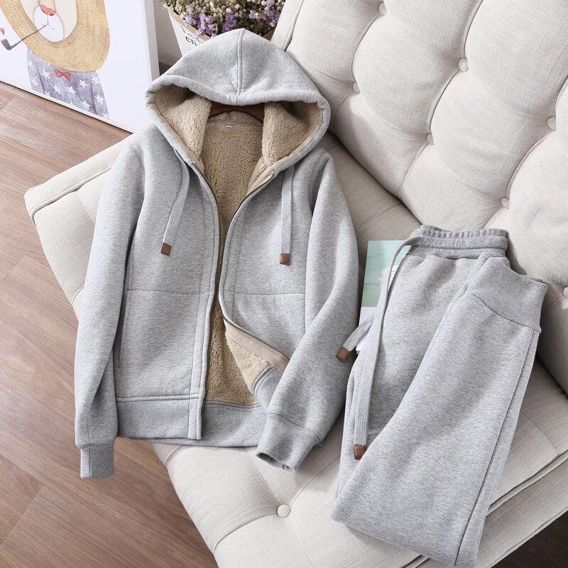 Plus Size Women's Fleece Lined Hooded Jacket & Sportswear Set - Autumn/Winter Korean Style