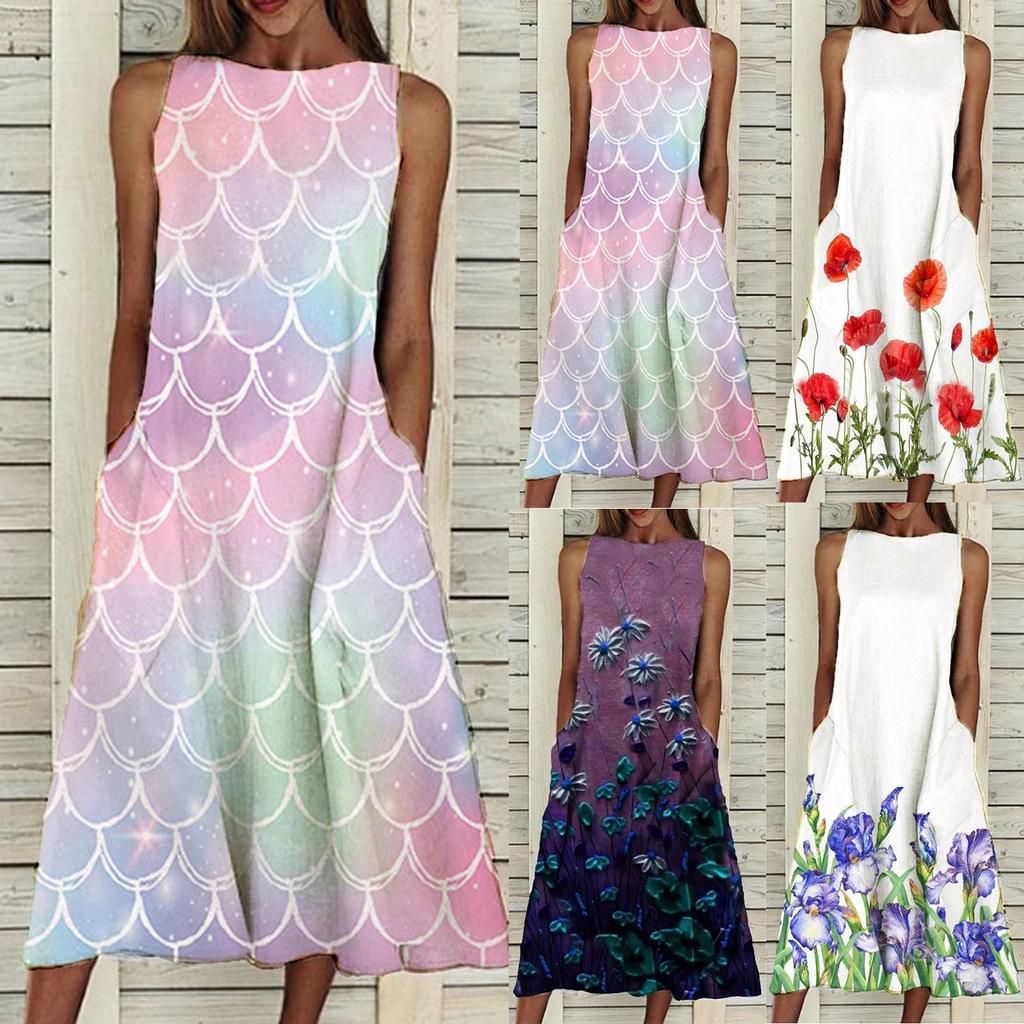 Women's Summer Round Neck Sleeveless Scenic Floral Printed Pocket Dress