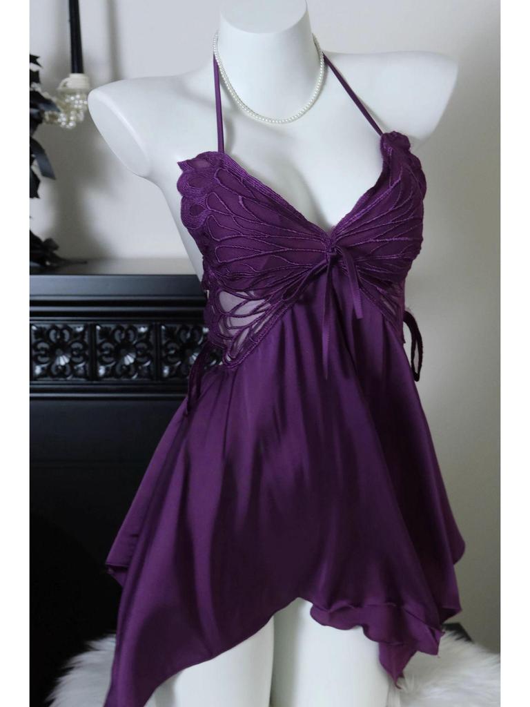 Spicy Nightdress with Chest Pads: Sexy, High-End Ice Silk Homewear for Women, Autumn & Winter, Plus Size, Pure Desire Style with Bow.