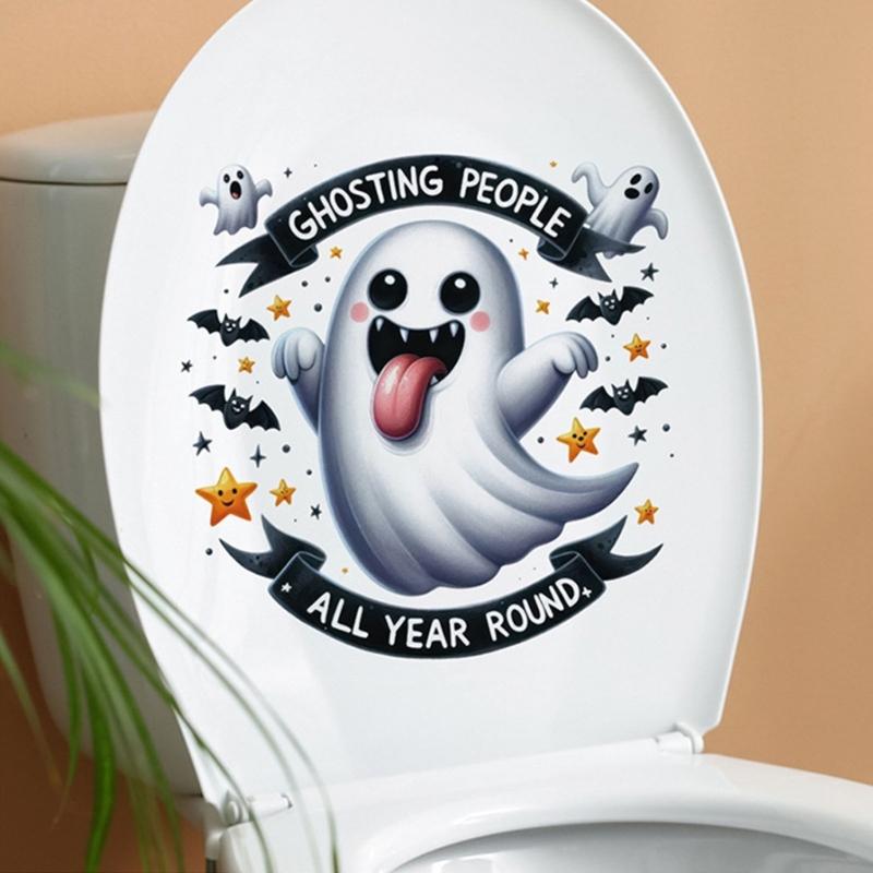 Halloween Ghosty Pumpkin Toilet Cover Stickers Waterproof Pumpkin Ghosty Toilet Lid Decals Halloween Bathroom Decors