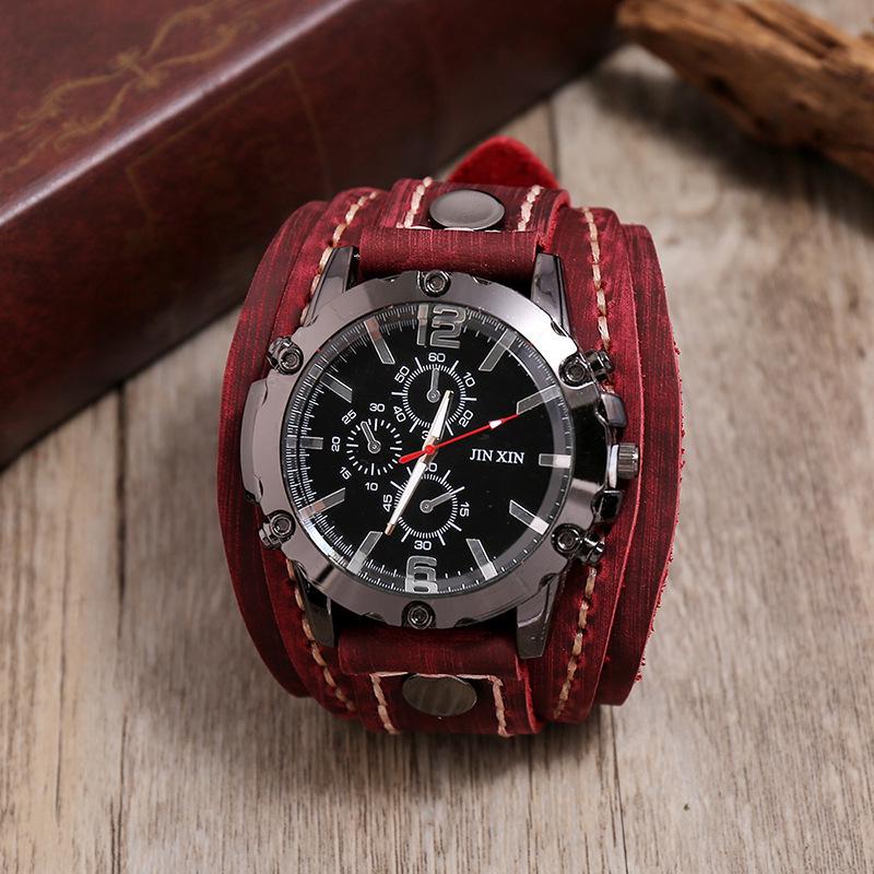 Punk Retro Large Dial Hand-stitched Cowhide Watch with Hip Hop Leather Bracelet