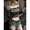 Autumn and winter new slim top camouflage short one-word collar denim long-sleeved T-shirt Spice Girl American inner base