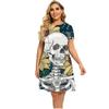 Slim Women's Dress Short Sleeve Skull Digital 3D Print Fashion V-Neck Women Clothes Summer Sexy Solid Color Casual A-line Dress
