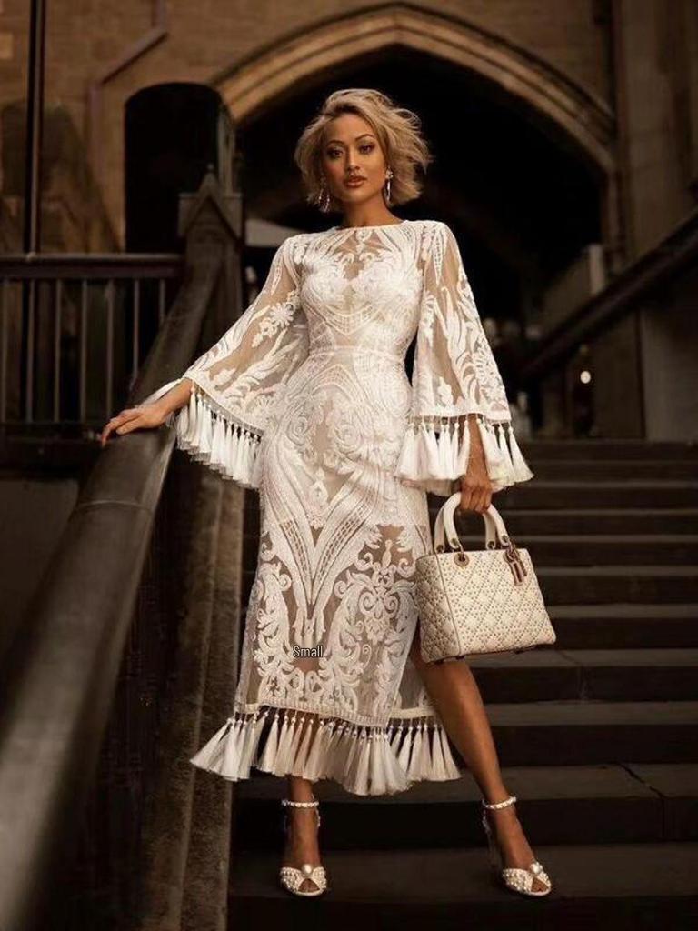 Elegant Lace Embroidery Tassel Evening Dress - Women's Two-Piece Set