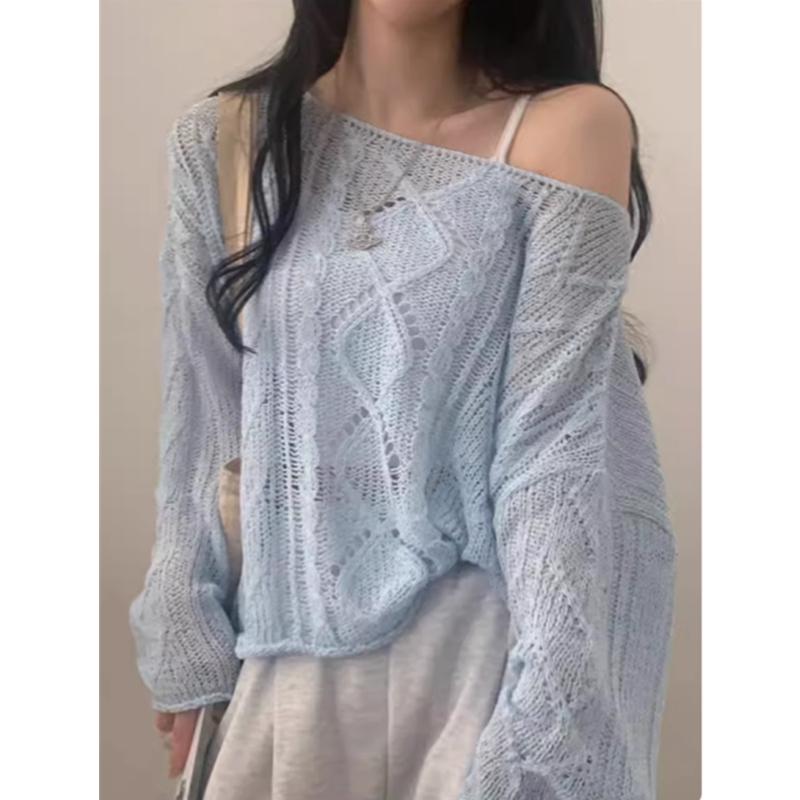 

Корейская версия вязаной ажурной блузки от солнца, женский пуловер с открытыми плечами на одно слово, свитер с длинными рукавами, тонкий топ для женщин One Size