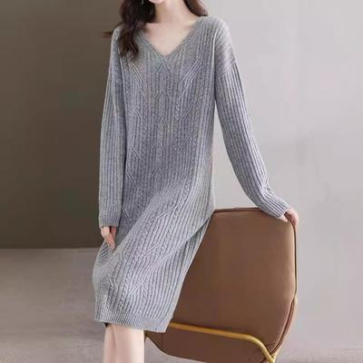 Autumn and Winter Knitted Dress Women's Long Knee Twist Lazy Sweater Skirt Fashion V-neck with Coat and Skirt Inside