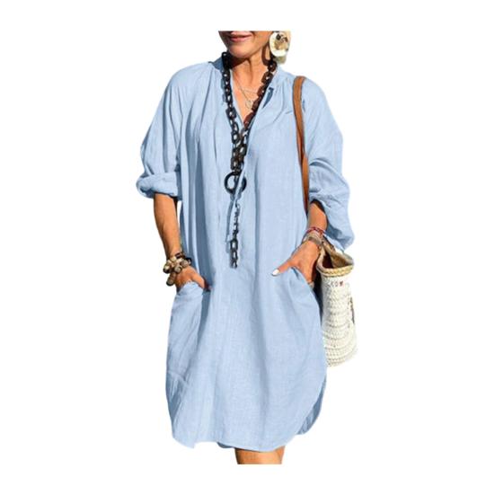 Baumwoll-Leinen-Kleid für Damen Boho Lässig Strandurlaub Sommerkleid Langarm V-Ausschnitt Locker geschnittenes Kleid