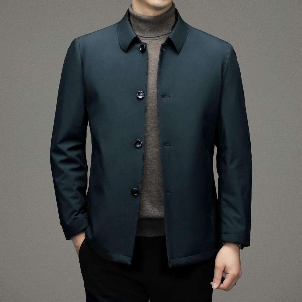 Collared Down Business Single Suitable for Senior [FJSSLHXK] Men's Jacket, Outerwear, Fold-Over Collar, Button, Men, Commuting, Autumn/Winter, Green,