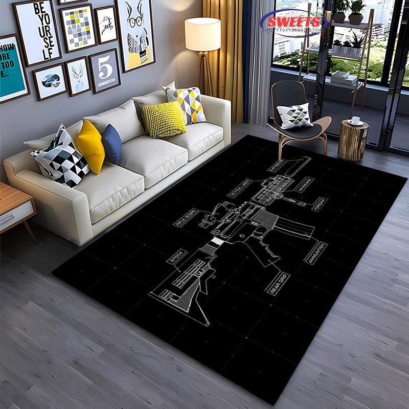 Pistolen-Themenbereichsteppich, Sturmgewehr Pistole Revolver Pistole Teppich für Wohnzimmer Schlafzimmer Sofa Fußmatte Dekor Rutschfeste Bodenmatte Geschenke