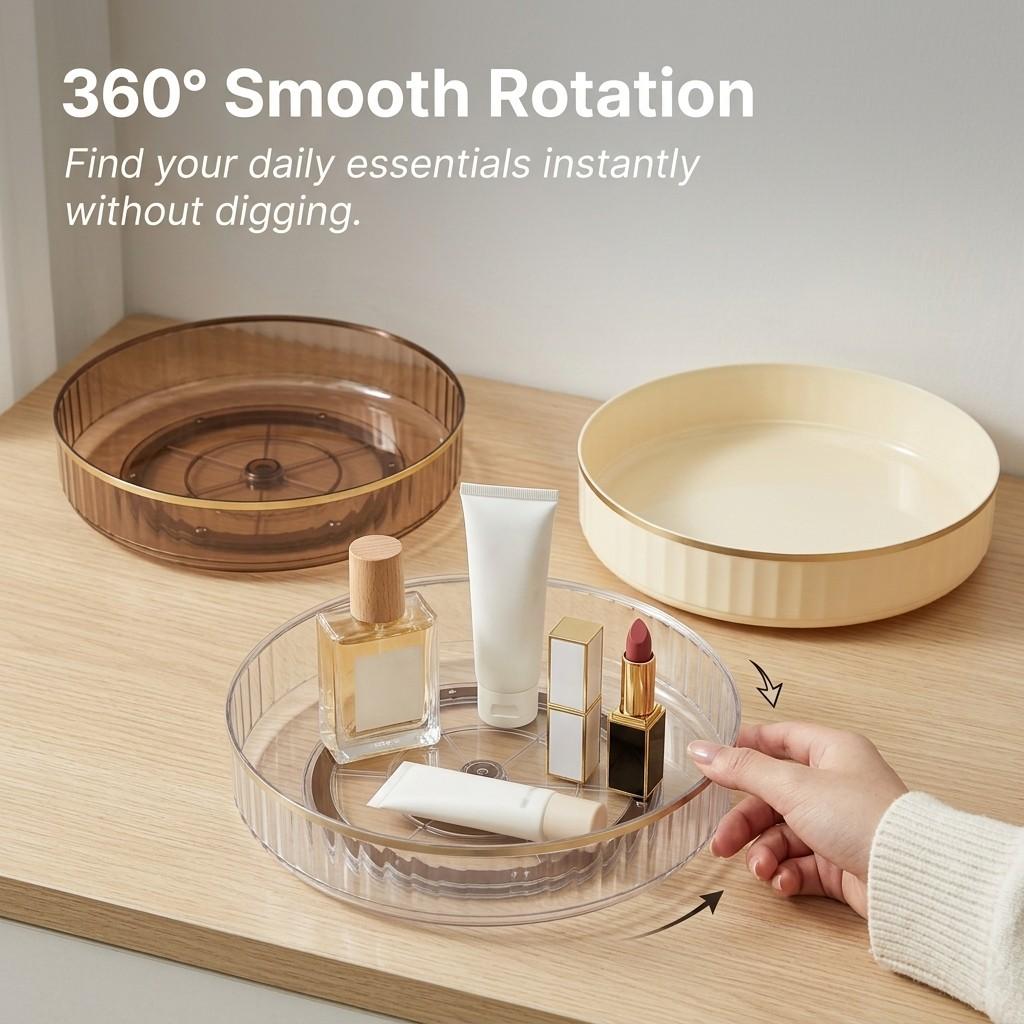360 Rotating Makeup Organizer Vanity Tray Round PET Plastic Perfume Stand Cosmetic Skincare Bedroom Bathroom Storage Shelf Rack
