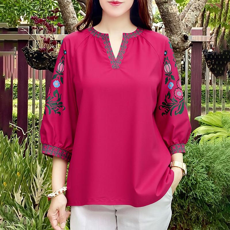 ZANZEA Women Casual V-Neck Retro Print Splice 3/4 Sleeve Loose Blouse