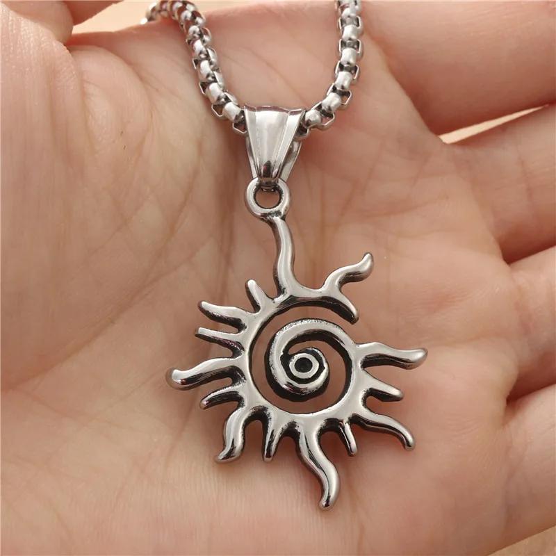 Silver Color Spiral Vortex Sun Pendant Long Chain Necklace For Women Men Punk Rock Charm Hip Hop Vintage Grunge Goth Accessories