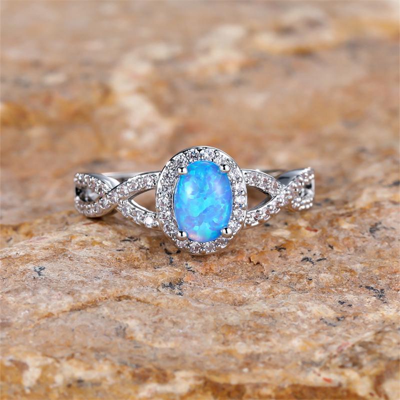 Small Oval Stone Blue Opal Ring White Zircon Hollow Infinity Engagement Rings For Women Trendy  Color Wedding Band Jewelry