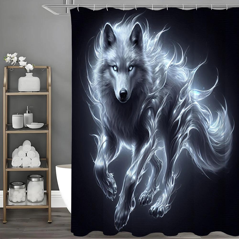 Vlčí umění Fantasy vlk Sprchový závěs, Dekorativní sprchový závěs do koupelny, Vodotěsný sprchový závěs s háčky