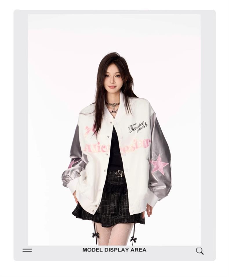 Women's American Star Embroidered Color Block Baseball Jacket – Spring/Fall