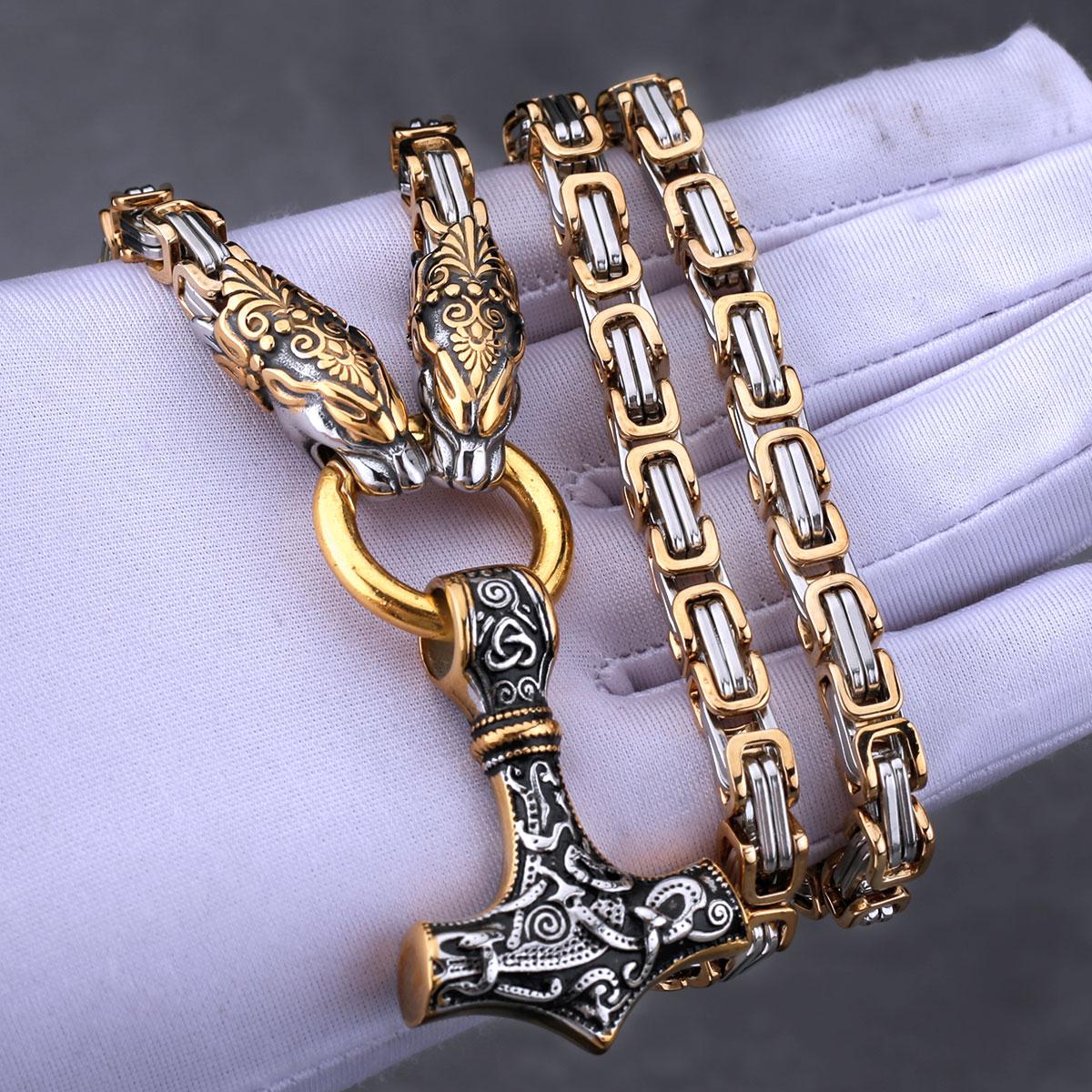 

Винтажный амулет с головой дракона викингов, молот Тора, подвеска из нержавеющей стали 316L, цепочка пиратского короля с подарочной сумкой Valknut 50cm