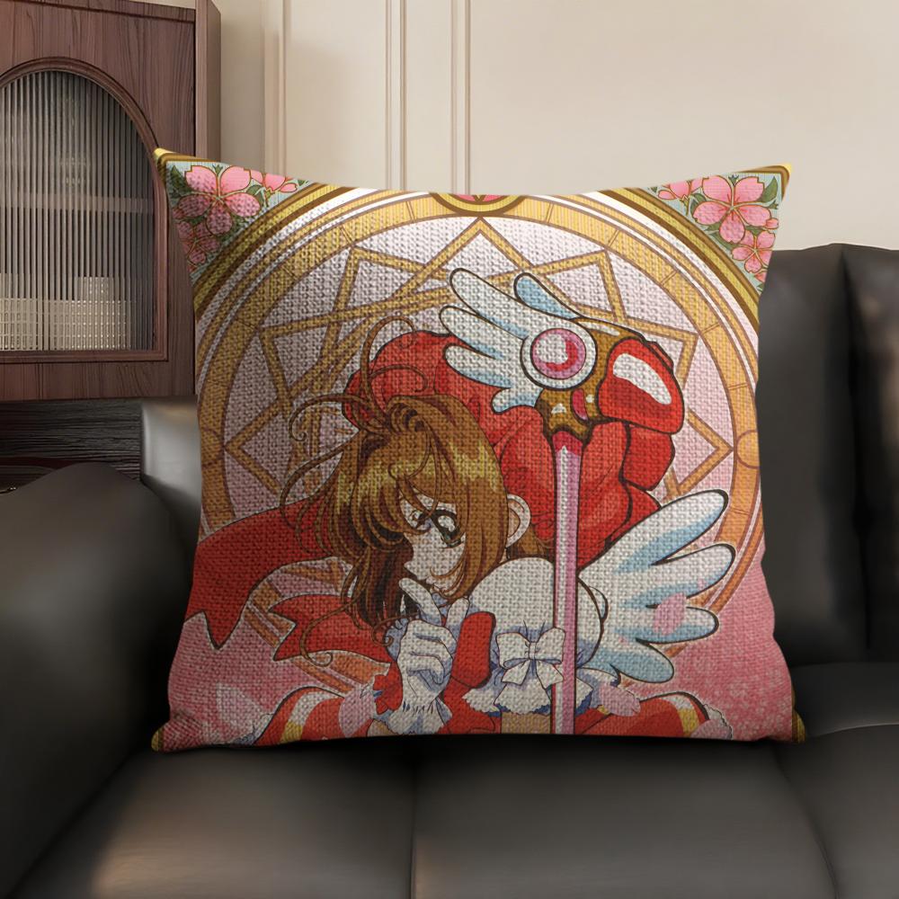 Anime C-Cardcaptor S-Sakura Pink Cushion Cover Natural Linen Organic Fabric Double-Sided Printing Sofa Home Decor Pillow Case