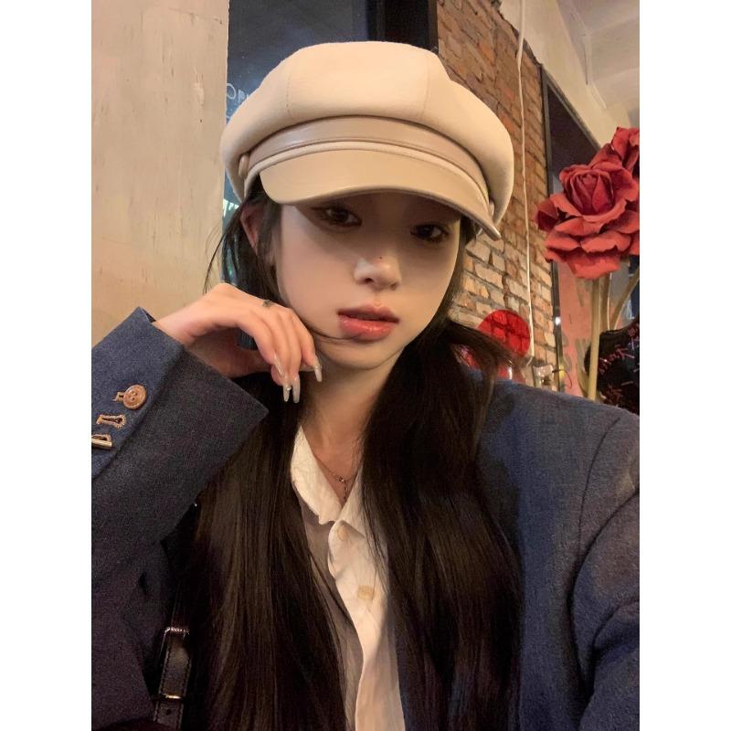 Autumn and winter octagonal hat woolen female painter duck tongue versatile face small tide high-end hat
