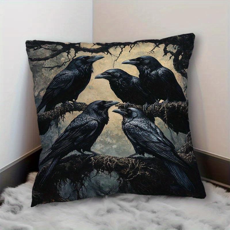 1Pc Vintage Style Crow Flock Printed Throw Pillow Cover, Suitable For Sofa, Bedroom, Living Room, A Unique Gift For Bird Lovers.