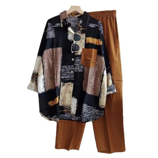 

Комплект из рубашки и брюк с цветными блоками, однобортный, с лацканами, с длинным рукавом, свободный, с эластичной резинкой на талии, с широкими штанинами, мягкий, повседневный кофейный