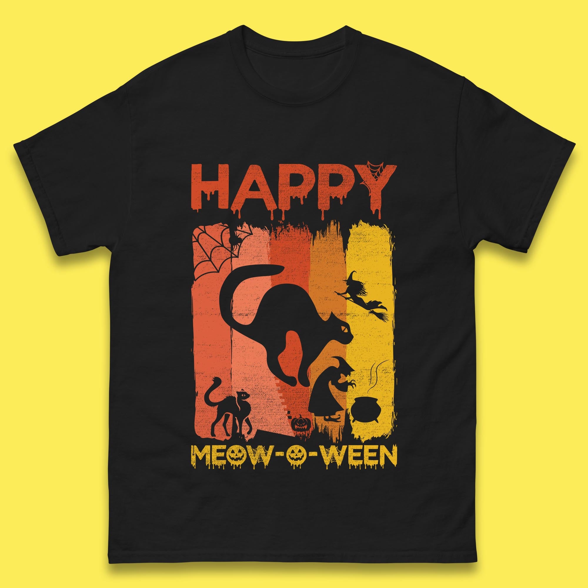 Happy Meow-O-ween Funny Halloween Black Cat Scary Spooky Mens Tee Top M