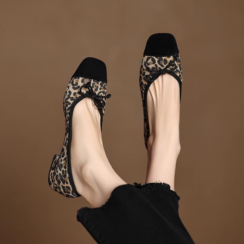 Krazing Pot Sheep Suede Spring Summer Size 41 Thick Low Heels Women Square Toe Slip on Shallow Leopard Pumps
