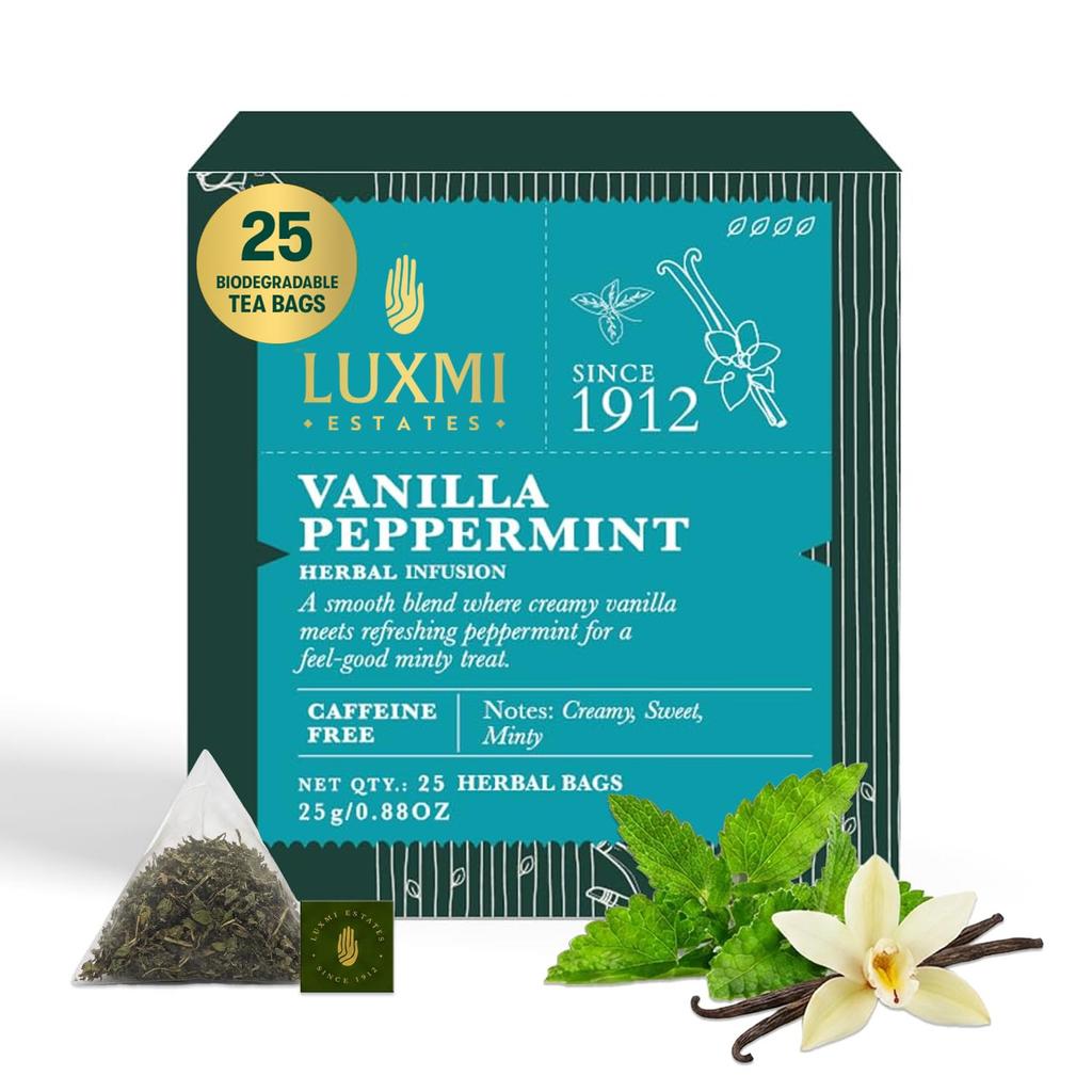Luxmi Estates Vanilla Peppermint Herbal Infusion 25 Plant-Based Biodegradable Pyramid Bags - 1g each (25g) Pack | For Relaxation & Stress Relief