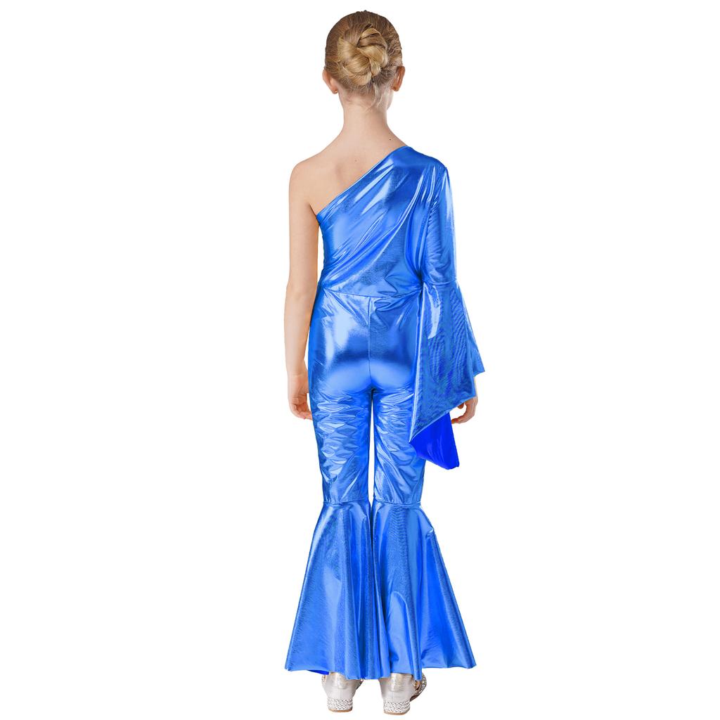 Mädchen Metallic Glänzend Schlaghose Jumpsuit Ein Schulter Schlagärmel Tanzkostüm für Karnevalsparty