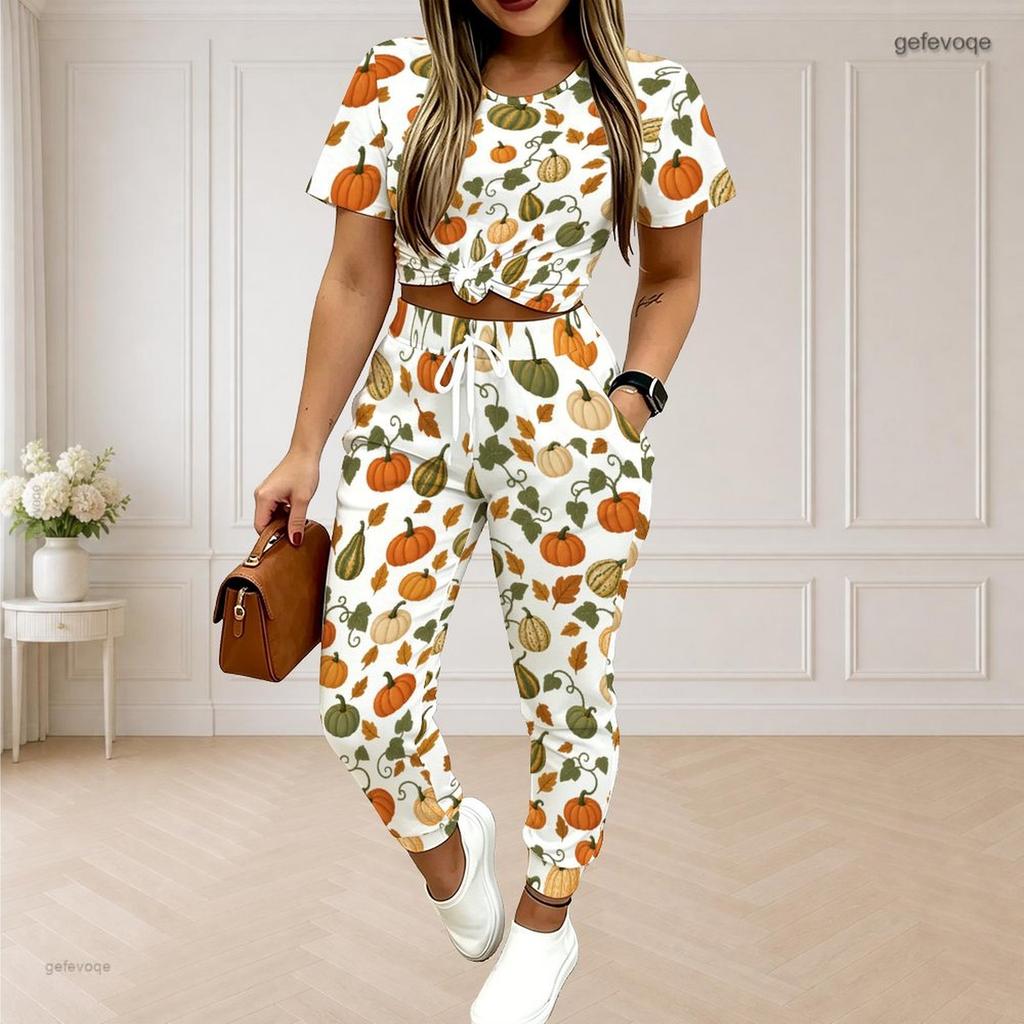 Women Plus Size Two Piece Set Round Neck Short Sleeve White Printed Crop Top Drawstring Cuffed Pants With Pockets