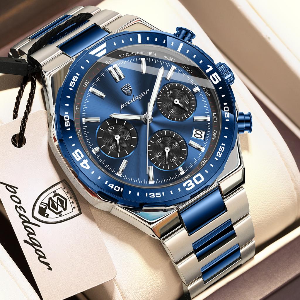 POEDAGAR Top Luxury Man Wristwatch Date Waterproof Luminous Chronograph Watch for Men Stainless Steel Quartz Watches Reloj