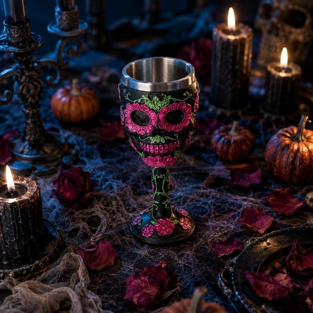 Resin Skull Rose Goblet with Stainless Steel Insert High Stem Barware for Spirits and Cocktails Unique Gothic Style Wine Glass