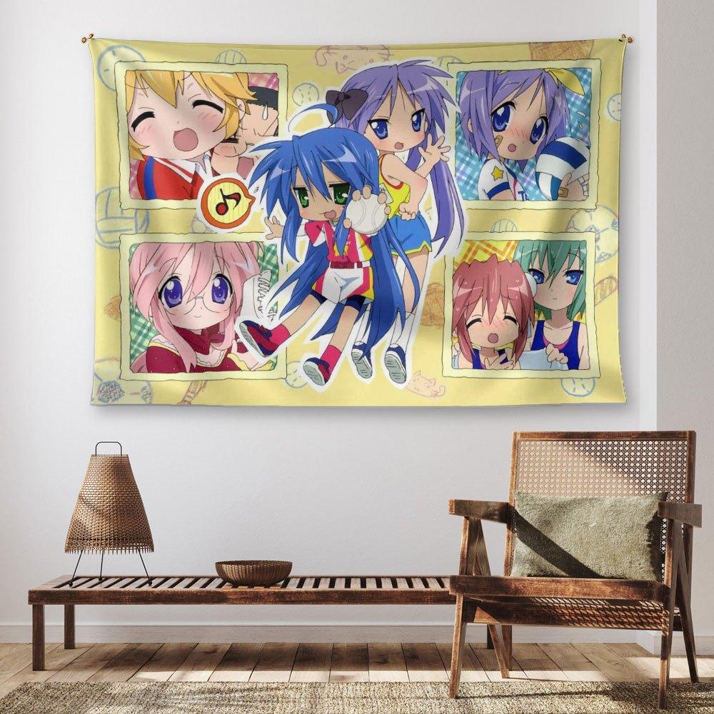 1pc Lucky Star Anime Tapestry, Horizontal Manga Wall Hanging with Character & Iconic Poses, Polyester Decor for Room, Bedspread